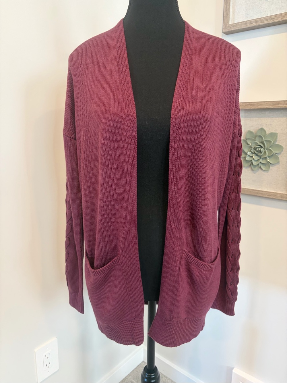 Garage Open-Front Cardigan in Mauve Wine With Pockets & Arm Lace-Up Details NWT!